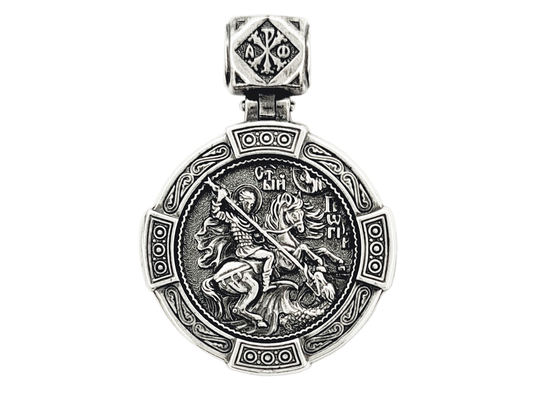 Серебряная подвеска Святой Георгий победоносец 8357 ручной работы с чернением