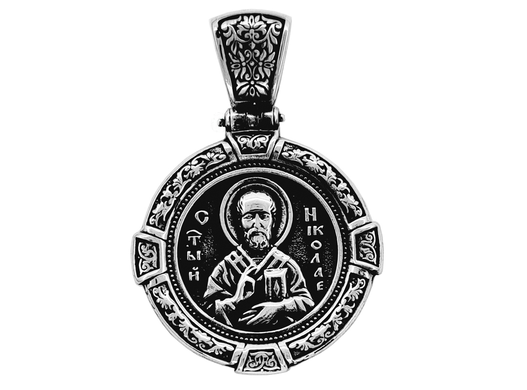 Нательная двусторонняя икона 8842 из серебра Николай Чудотворец Казанская Божья Матерь