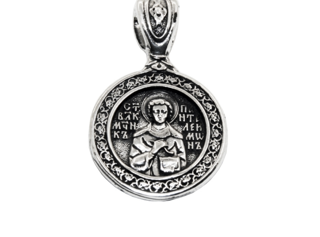 Серебряная подвеска икона Пантелеймон целитель 8632 с чернением